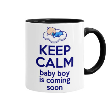 KEEP CALM baby boy is coming soon!!!, Κούπα χρωματιστή μαύρη, κεραμική, 330ml