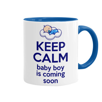 KEEP CALM baby boy is coming soon!!!, Κούπα χρωματιστή μπλε, κεραμική, 330ml