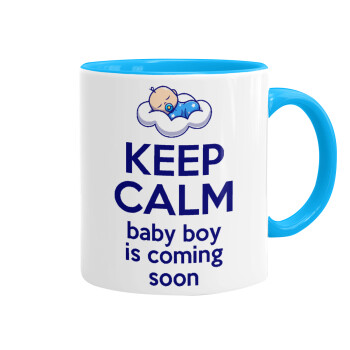 KEEP CALM baby boy is coming soon!!!, Mug colored light blue, ceramic, 330ml