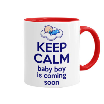 KEEP CALM baby boy is coming soon!!!, Κούπα χρωματιστή κόκκινη, κεραμική, 330ml