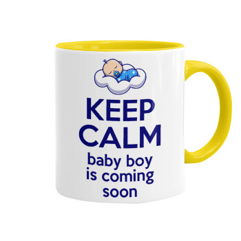 KEEP CALM baby boy is coming soon!!!, Κούπα χρωματιστή κίτρινη, κεραμική, 330ml