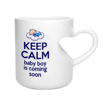 KEEP CALM baby boy is coming soon!!!, Κούπα καρδιά λευκή, κεραμική, 330ml