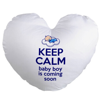 KEEP CALM baby boy is coming soon!!!, Μαξιλάρι καναπέ καρδιά 40x40cm περιέχεται το  γέμισμα