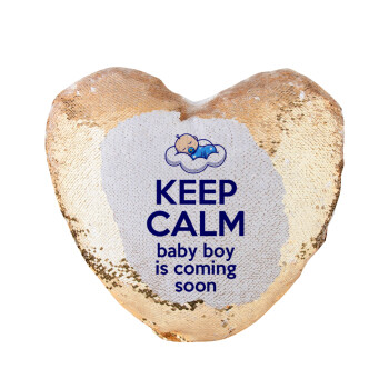 KEEP CALM baby boy is coming soon!!!, Μαξιλάρι καναπέ καρδιά Μαγικό Χρυσό με πούλιες 40x40cm περιέχεται το  γέμισμα