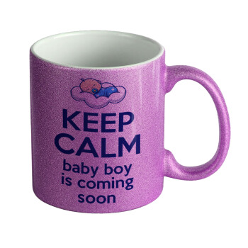 KEEP CALM baby boy is coming soon!!!, Κούπα Μωβ Glitter που γυαλίζει, κεραμική, 330ml