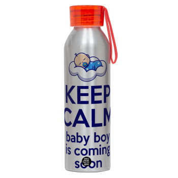 KEEP CALM baby boy is coming soon!!!, Αλουμινένιο Αθλητικό Μπουκάλι 650ml – Ασημί με Κόκκινο Καπάκι και Λουράκι Σιλικόνης