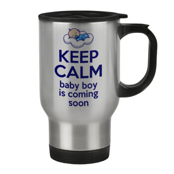 KEEP CALM baby boy is coming soon!!!, Κούπα ταξιδιού ανοξείδωτη με καπάκι, διπλού τοιχώματος (θερμό) 450ml