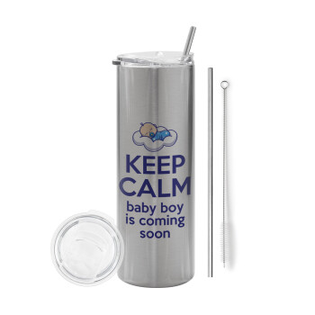 KEEP CALM baby boy is coming soon!!!, Tumbler stainless steel Silver 600ml, with metal straw & cleaning brush