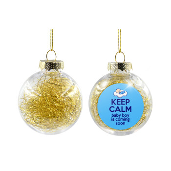 KEEP CALM baby boy is coming soon!!!, Χριστουγεννιάτικη μπάλα δένδρου διάφανη με χρυσό γέμισμα 8cm