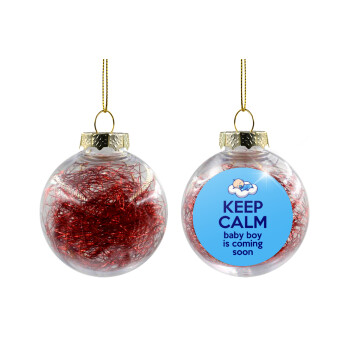 KEEP CALM baby boy is coming soon!!!, Χριστουγεννιάτικη μπάλα δένδρου διάφανη με κόκκινο γέμισμα 8cm