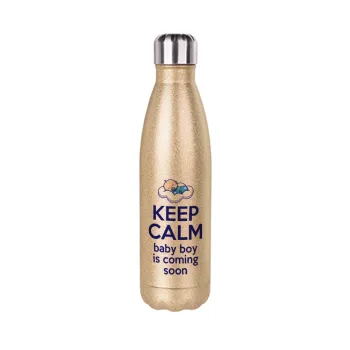 KEEP CALM baby boy is coming soon!!!, Glitter gold stainless steel thermos bottle, double-walled, 500ml