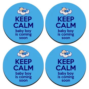KEEP CALM baby boy is coming soon!!!, ΣΕΤ 4 Σουβέρ ξύλινα στρογγυλά (9cm)