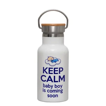 KEEP CALM baby boy is coming soon!!!, Metallic thermos (Stainless steel) White with wooden lid (bamboo), double-walled, 350ml