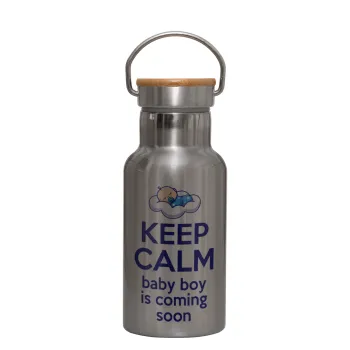 KEEP CALM baby boy is coming soon!!!, Μεταλλικό παγούρι θερμός (Stainless steel) Ασημένιο με ξύλινο καπακι (bamboo), διπλού τοιχώματος, 350ml