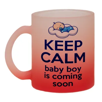KEEP CALM baby boy is coming soon!!!, Κούπα γυάλινη δίχρωμη με βάση το κόκκινο ματ, 330ml