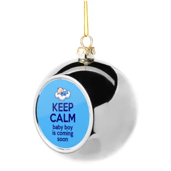 KEEP CALM baby boy is coming soon!!!, Silver 8cm Christmas tree ball ornament