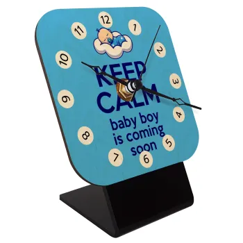 KEEP CALM baby boy is coming soon!!!, Quartz Table clock in natural wood (10cm)