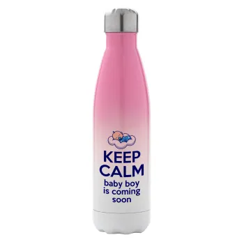 KEEP CALM baby boy is coming soon!!!, Metal mug thermos Pink/White (Stainless steel), double wall, 500ml
