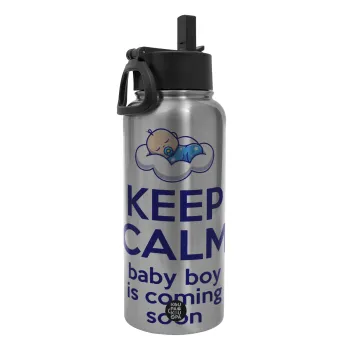 KEEP CALM baby boy is coming soon!!!, Metal mug thermo Silver with Straw and Spout Lid (Stainless steel), double wall, 950ml