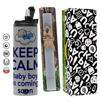 KEEP CALM baby boy is coming soon!!!, Πασχαλινή Λαμπάδα με Travel Tumbler θερμό (600ml, BPA free) & κερί αρωματικό πλακέ (30cm) (ΓΚΡΙ)