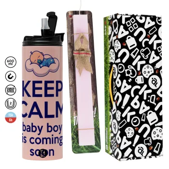 KEEP CALM baby boy is coming soon!!!, Πασχαλινή Λαμπάδα με  ΡΟΖ Travel Tumbler θερμό (600ml, BPA free) & κερί αρωματικό πλακέ (30cm) (ΡΟΖ)