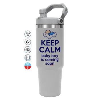 KEEP CALM baby boy is coming soon!!!, GREY color, 890ml (30oz) stainless Steel Tumbler with Handle