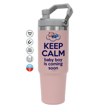 KEEP CALM baby boy is coming soon!!!, Pink color, 890ml (30oz) stainless Steel Tumbler with Handle
