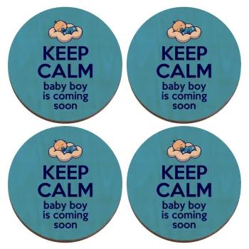 KEEP CALM baby boy is coming soon!!!, ΣΕΤ x4 Σουβέρ ξύλινα στρογγυλά plywood (9cm)
