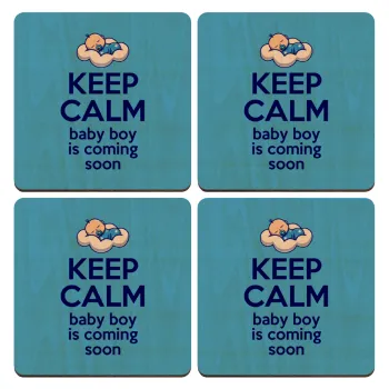 KEEP CALM baby boy is coming soon!!!, ΣΕΤ x4 Σουβέρ ξύλινα τετράγωνα plywood (9cm)
