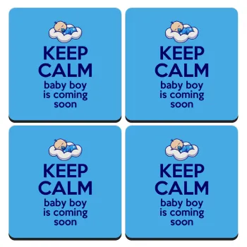 KEEP CALM baby boy is coming soon!!!, ΣΕΤ 4 Σουβέρ ξύλινα τετράγωνα (9cm)