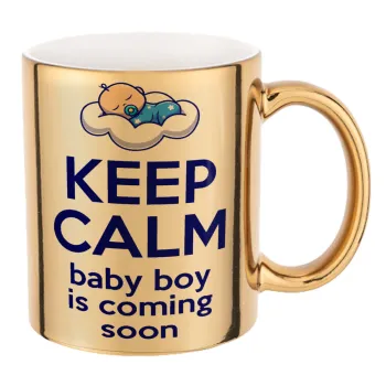 KEEP CALM baby boy is coming soon!!!, Κούπα κεραμική, χρυσή καθρέπτης, 330ml