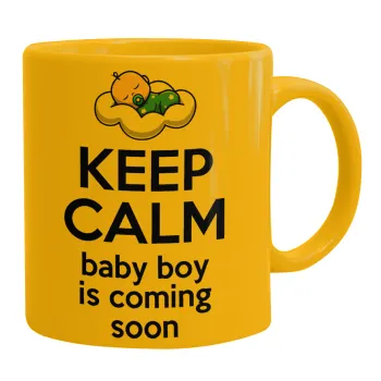 KEEP CALM baby boy is coming soon!!!, Κούπα, κεραμική κίτρινη, 330ml