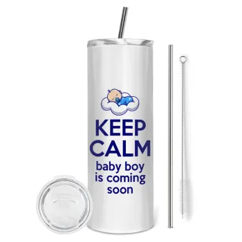 KEEP CALM baby boy is coming soon!!!, Tumbler ποτήρι θερμό από ανοξείδωτο ατσάλι 600ml, με μεταλλικό καλαμάκι & βούρτσα καθαρισμού