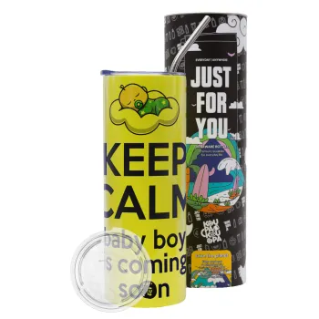 KEEP CALM baby boy is coming soon!!!, Neon Yellow Travel Tumbler θερμό, μεταλλικό καλαμάκι(Ανωξείδωτο 304 Food grade, BPA free, 600ml)