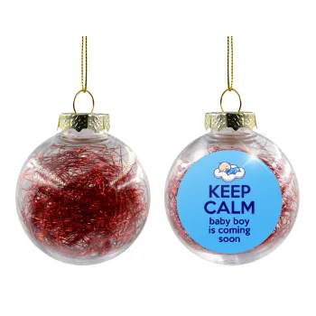 KEEP CALM baby boy is coming soon!!!, Transparent Christmas tree ball ornament with red filling 8cm