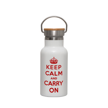 KEEP CALM  and carry on, Metallic thermos (Stainless steel) White with wooden lid (bamboo), double-walled, 350ml