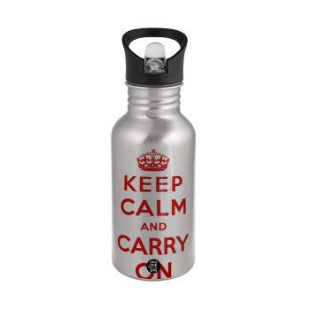 KEEP CALM  and carry on, Water bottle Silver with straw, stainless steel 500ml