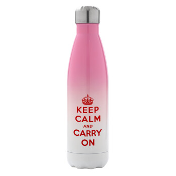 KEEP CALM  and carry on, Μεταλλικό παγούρι θερμός Ροζ/Λευκό (Stainless steel), διπλού τοιχώματος, 500ml