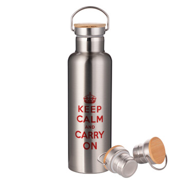 KEEP CALM  and carry on, Stainless steel Silver with wooden lid (bamboo), double wall, 750ml
