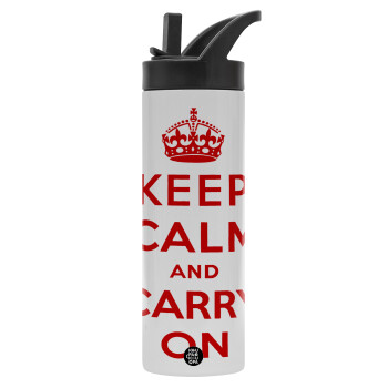 KEEP CALM  and carry on, Μεταλλικό παγούρι θερμός με καλαμάκι & χειρολαβή, ανοξείδωτο ατσάλι (Stainless steel 304), διπλού τοιχώματος, 600ml