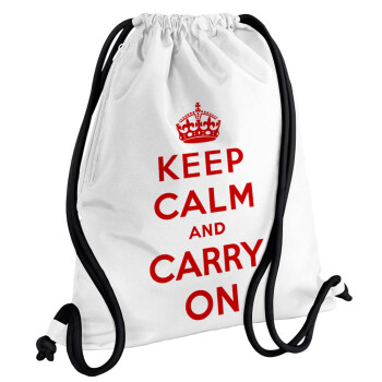 KEEP CALM  and carry on, Τσάντα πλάτης πουγκί GYMBAG λευκή, με τσέπη (40x48cm) & χονδρά κορδόνια