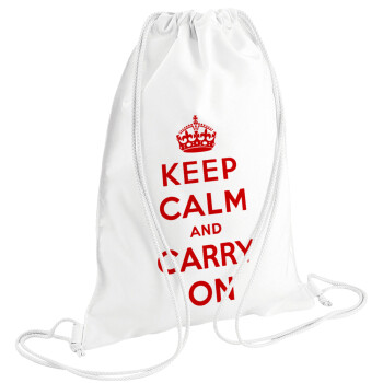 KEEP CALM  and carry on, Τσάντα πλάτης πουγκί GYMBAG λευκή (28x40cm)