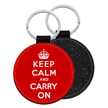 KEEP CALM  and carry on, Μπρελόκ Δερματίνη, στρογγυλό ΜΑΥΡΟ (5cm)