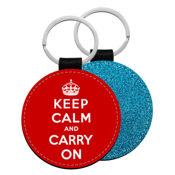 KEEP CALM  and carry on, Μπρελόκ Δερματίνη, στρογγυλό ΜΠΛΕ (5cm)