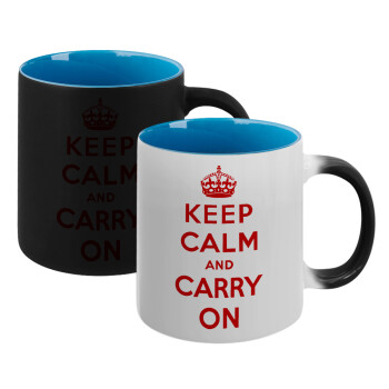 KEEP CALM  and carry on, Κούπα Μαγική εσωτερικό μπλε, κεραμική 330ml που αλλάζει χρώμα με το ζεστό ρόφημα