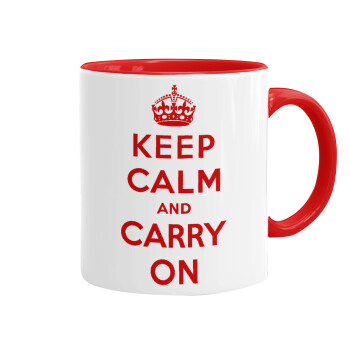 KEEP CALM  and carry on, Κούπα χρωματιστή κόκκινη, κεραμική, 330ml