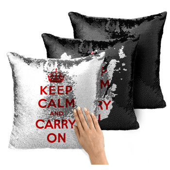 KEEP CALM  and carry on, Μαξιλάρι καναπέ Μαγικό Μαύρο με πούλιες 40x40cm περιέχεται το γέμισμα