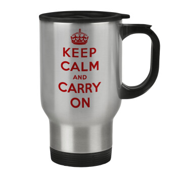 KEEP CALM  and carry on, Κούπα ταξιδιού ανοξείδωτη με καπάκι, διπλού τοιχώματος (θερμό) 450ml