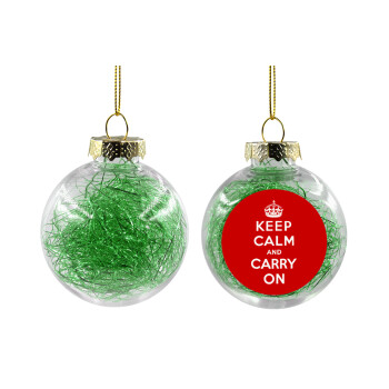 KEEP CALM  and carry on, Χριστουγεννιάτικη μπάλα δένδρου διάφανη με πράσινο γέμισμα 8cm