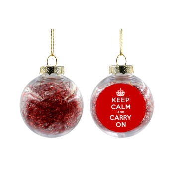 KEEP CALM  and carry on, Χριστουγεννιάτικη μπάλα δένδρου διάφανη με κόκκινο γέμισμα 8cm
